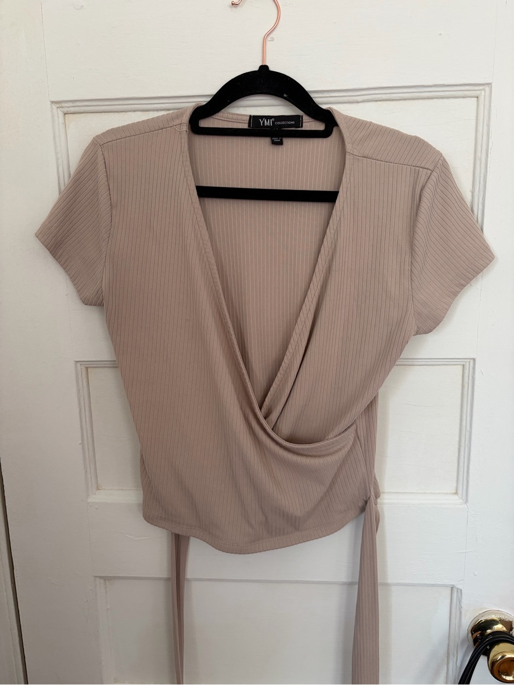 YMI Taupe Ribbed Wrap Short Sleeve Top